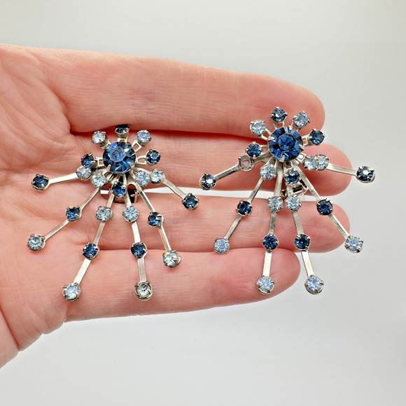 Vintage Rhinestone Earrings Blue Starburst Statement Clip On - Picture 2 of 4